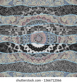 Seamless background pattern. Mosaic art pattern of wavy shapes. Vector image.