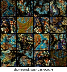 Seamless background pattern. Mosaic art pattern based on Art Nouveau style. Block design of squares. Vector image.