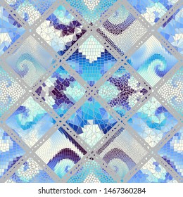 Seamless background pattern. Mosaic art pattern based on Art Nouveau style. Block design of squares. Vector image.