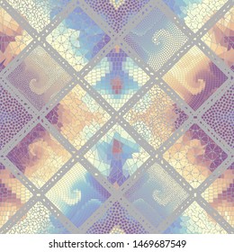 Seamless background pattern. Mosaic art pattern based on Art Nouveau style. Block design of squares. Vector image.