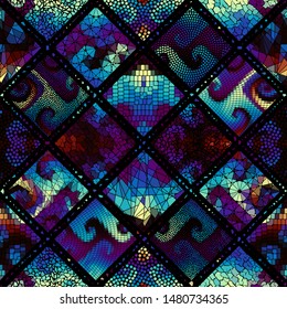 Seamless background pattern. Mosaic art pattern based on Art Nouveau style. Block design of squares. Vector image.