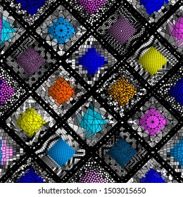 Seamless background pattern. Mosaic art pattern of rhombuses of different tile textures.