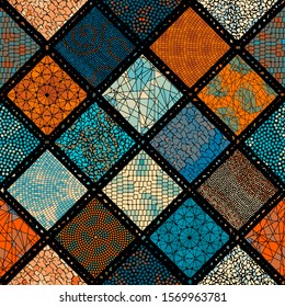 Seamless background pattern. Mosaic art pattern of rhombuses of different tile textures.