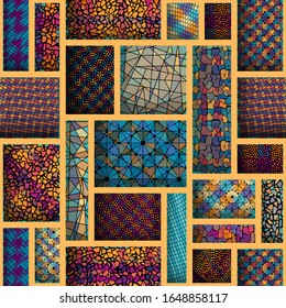 Seamless background pattern. Mosaic art pattern in block design style. Vector image.