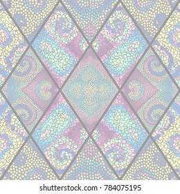 Seamless background pattern. Mosaic art pattern of rhombuses of different tile textures.