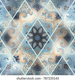 Seamless background pattern. Mosaic art pattern of rhombuses of different tile textures.