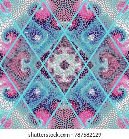 Seamless background pattern. Mosaic art pattern of rhombuses of different tile textures.