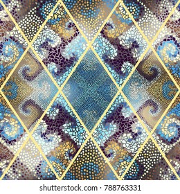 Seamless background pattern. Mosaic art pattern of rhombuses of different tile textures.