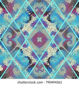 Seamless background pattern. Mosaic art pattern of rhombuses of different tile textures.