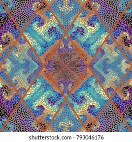 Seamless background pattern. Mosaic art pattern of rhombuses of different tile textures.