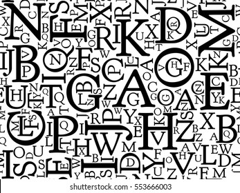 Seamless background pattern mosaic of black letters on white background. Simple flat vector illustration.