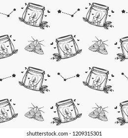 Seamless background pattern with moth, candle in the bank and stars constellation. Black and white coloring design vector illustration. 