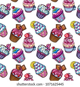 seamless background pattern with muffins and cupcakes.