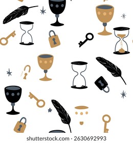 Seamless Background Pattern with Mystic Lock Key Goblet and Fine Decorative Detail
