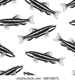 Seamless background with a pattern of nannostomus marginatus. Graphic art. Hand drawn