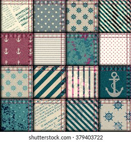 Seamless background pattern. Nautical patchwork with grunge effect.