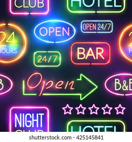 Seamless background pattern with neon sight multicolored and isolated on black background vector illustration