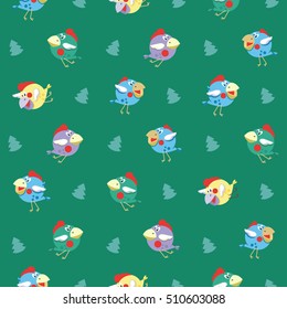 Seamless background, pattern. New year and Christmas. Funny colorful birds, roosters and chickens.