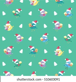 Seamless background, pattern. New year and Christmas. Cheerful birds in a Santa hat on a green background.