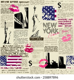 Seamless background pattern. Newspaper New York with the sketch of statue of Liberty. Text is unreadable.