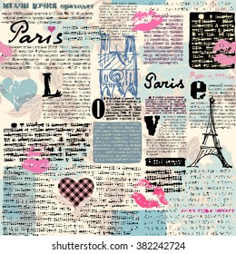 Seamless background pattern. Newspaper Paris with a flowers. Text is unreadable.