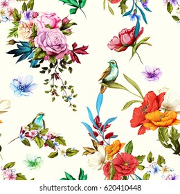 Seamless background pattern. Nightingale, roses, and wild flowers with leaves  on white. Watercolor, hand drawn.