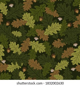 Seamless Background, Pattern of Oak Leave. Autumn vector Texture with Acorns, Mushrooms, Leaves.