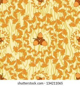 Seamless background, pattern of oak leaves and acorns. Vector