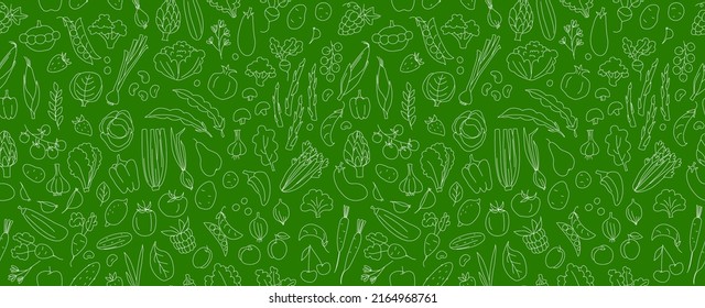 Seamless background pattern of organic farm fresh fruits and vegetables. Vector illustration. Outline thin line style doodle design. Green and white