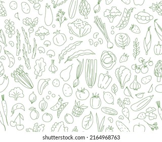 Seamless background pattern of organic farm fresh fruits and vegetables. Vector illustration. Outline thin line style doodle design. Green and white