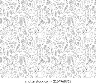 Seamless background pattern of organic farm fresh fruits and vegetables. Vector illustration. Outline thin line style doodle design. Black and white