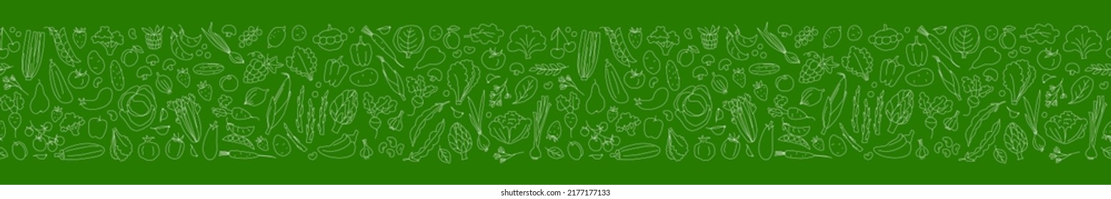 Nahtlose Hintergrundmuster des ökologischen Landbaus, frisches Obst und Gemüse. Vektorgrafik. Umrissen Sie das Design des Thin-Line-Doodles. Grün-Weiß