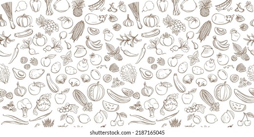 Seamless background pattern of organic farm fresh fruits and vegetables. illustration. Outline line flat style design. White backdrop.