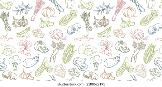 Seamless background pattern of organic farm fresh fruits and vegetables. illustration. Outline line flat style design. White backdrop.