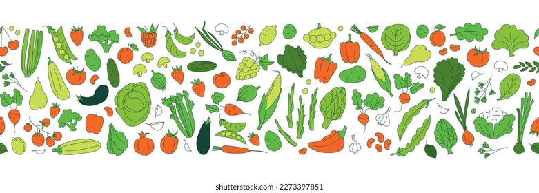 Seamless background pattern of organic farm fresh fruits and vegetables. Vector illustration. Outline thin line style doodle design. Green red and white