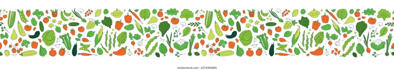 Seamless background pattern of organic farm fresh fruits and vegetables. Vector illustration. Outline thin line style doodle design. Green red and white