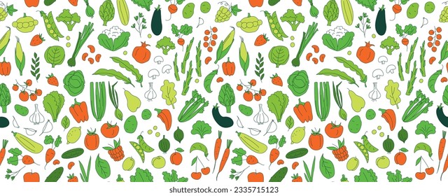 Seamless background pattern of organic farm fresh fruits and vegetables. Vector illustration. Outline thin line style doodle design. Green and white