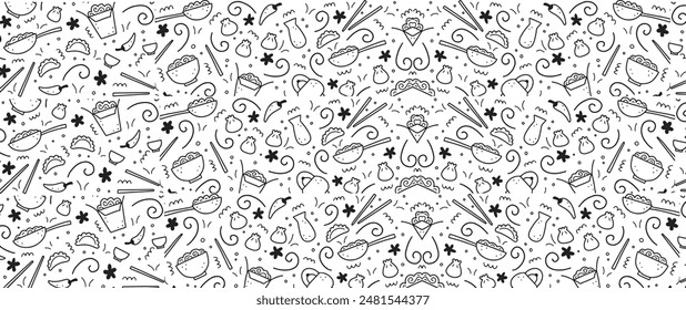 Seamless background pattern of organic fresh fruits and vegetables. 