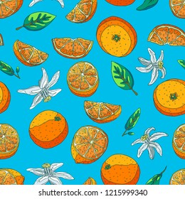 Seamless background with a pattern of organic orange for fresh juice for breakfast. A slice with a peel and seeds, half and a whole orange. Fragrant white orange flowers. Green leaves of a tree.