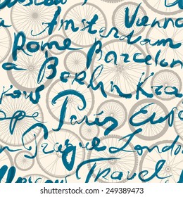 Seamless background pattern. Original inscription of Europe cities on background of wheels.