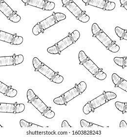 Seamless background with a pattern of outline cartoon skateboard.Vector illustration. isolated hand drawn skateboard deck black on white