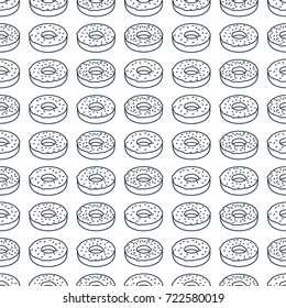 Seamless background with a pattern of outline donuts in the isometric style, 3d. Design for packaging, banner, poster, menu in the bakery. Vector illustration