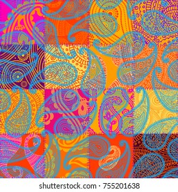 Seamless background pattern. Paisley pattern in indian style on orange patchwork background.
