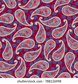 Seamless background pattern. Paisley pattern in indian style with curly ornament. Navy blue background.