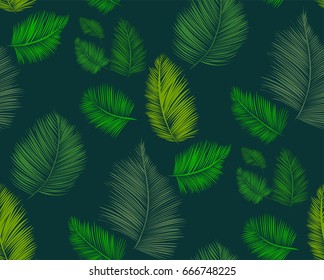 Seamless background pattern with palm leaves. Tropical plants silhouettes , vector illustration.