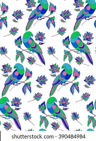 Seamless background pattern with parrots and fantasy flowers. Vector illustration hand drawn. Tropical pattern for fabric , wrapping paper.
