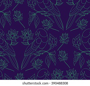 Seamless background pattern with parrots and fantasy flowers. Vector illustration hand drawn. Tropical pattern for fabric , wrapping paper.
