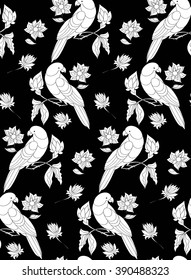 Seamless background pattern with parrots and fantasy flowers. Vector illustration hand drawn. Tropical pattern for fabric , wrapping paper.