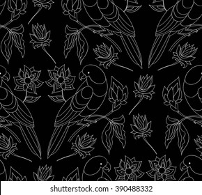 Seamless background pattern with parrots and fantasy flowers. Vector illustration hand drawn. Tropical pattern for fabric , wrapping paper.