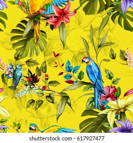 Seamless background pattern. Parrots, humming bird, lily, tropical leaves and branches. Watercolor, hand drawn. Vector - stock.